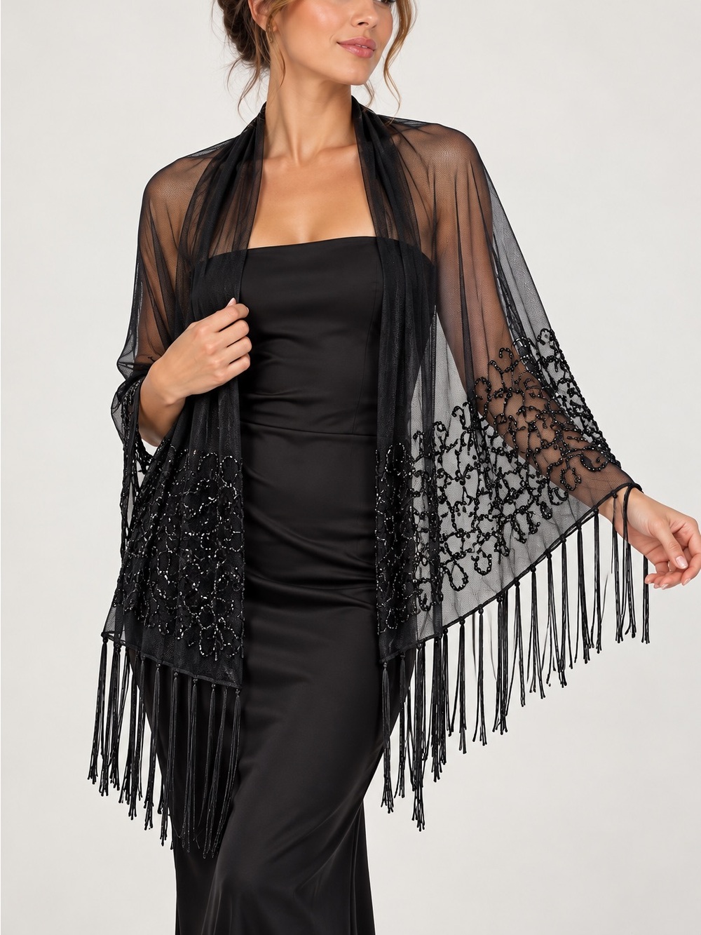 Black Sheer Mesh Beaded Fringe Scarf Shawl Wrap Evening 16.5 x 79